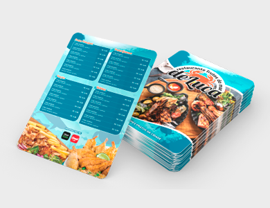 Cardápio em PVC 0,3mm Verniz Total Frente e Verso 21,5x29cm 1 Folha (2 páginas) - 4x0 - 10 unid